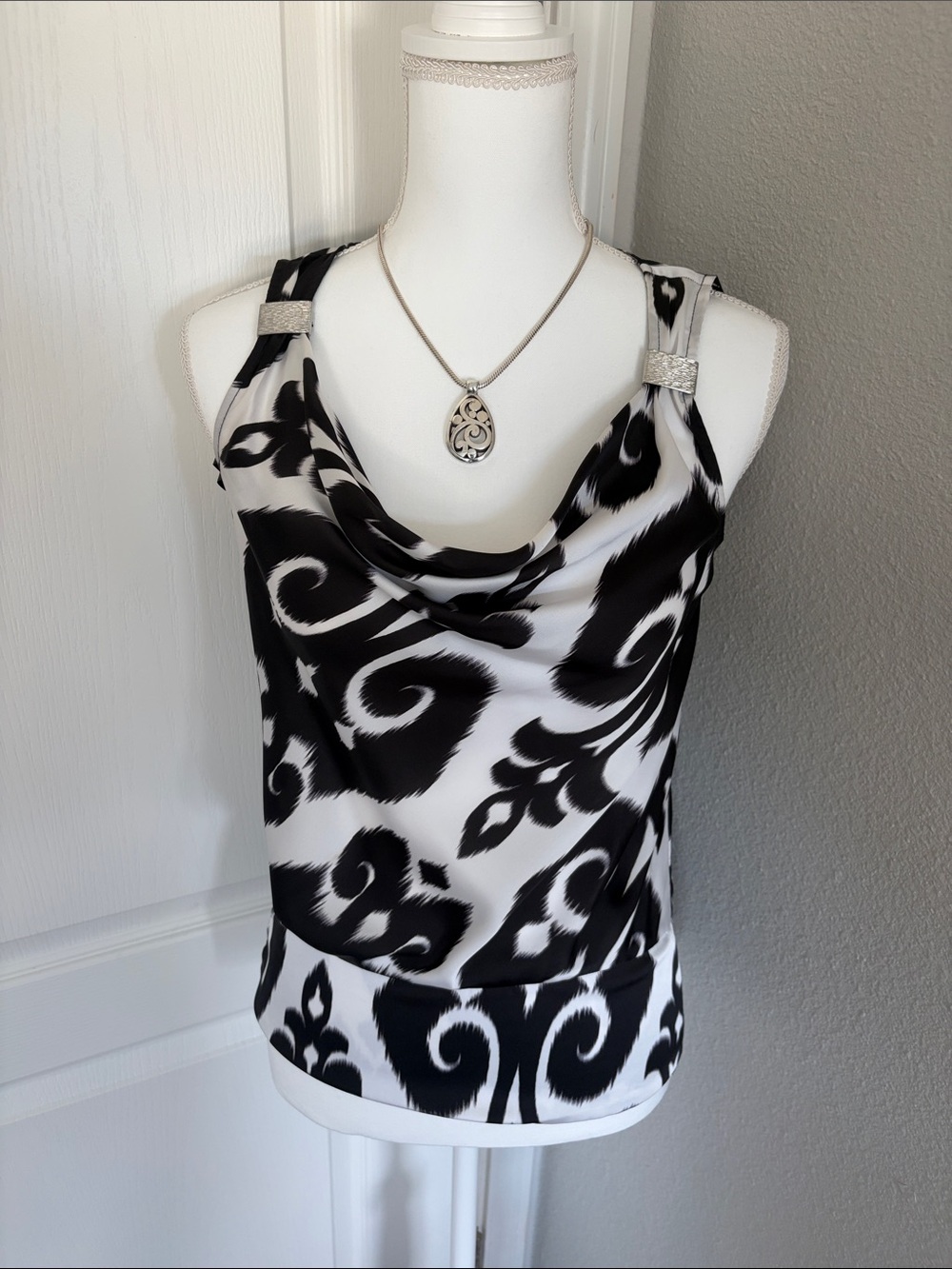 White House Black Market Black and White Draped Cowl Neck Tank